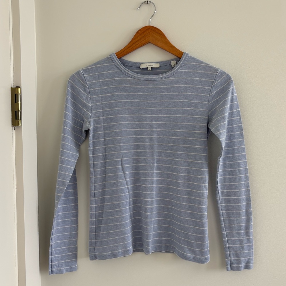 Vince Light Blue and White Striped Crewneck Long Sleeve Tee Cotton Blend Small